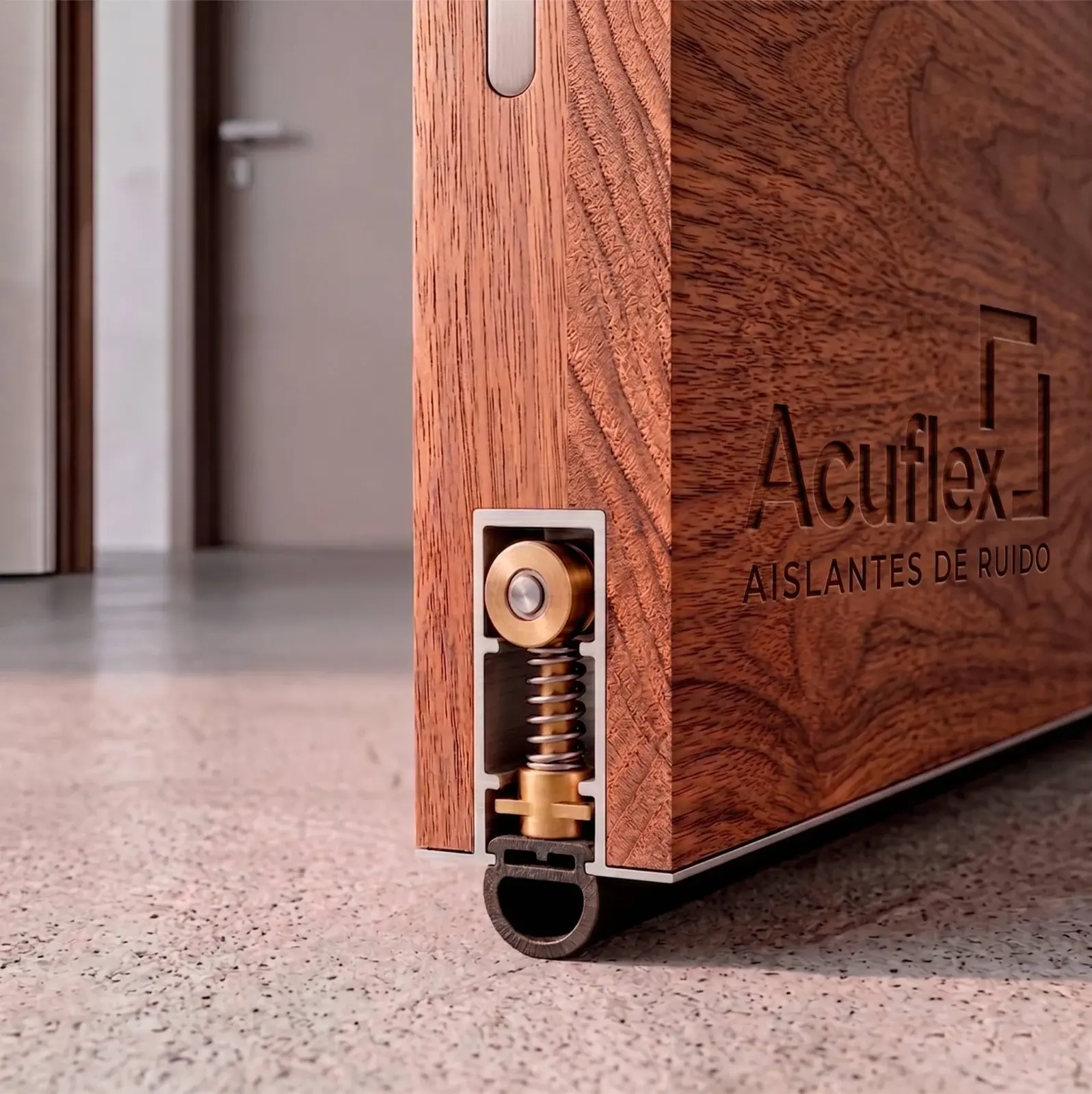 Zócalo acústico ACUFLEX instalado en el canto inferior de una puerta de madera