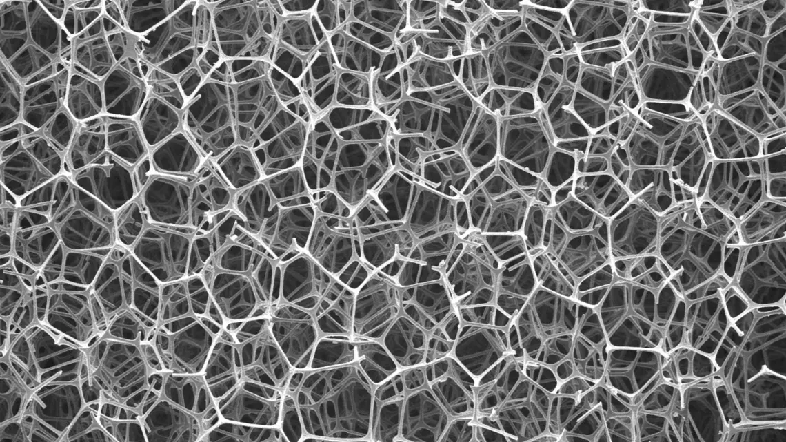 Estructura de celda abierta de la espuma de melamina vista al microscopio