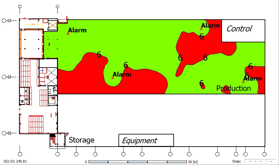 Mapa de audibilidad de alarmas en NoiseAtWork: en verde, sectores donde la sirena supera al ruido de fondo; en rojo, donde no alcanza