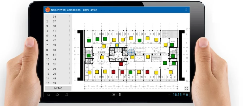 Aplicación NoiseAtWork Companion en una tablet, con los puntos de medición marcados sobre el plano