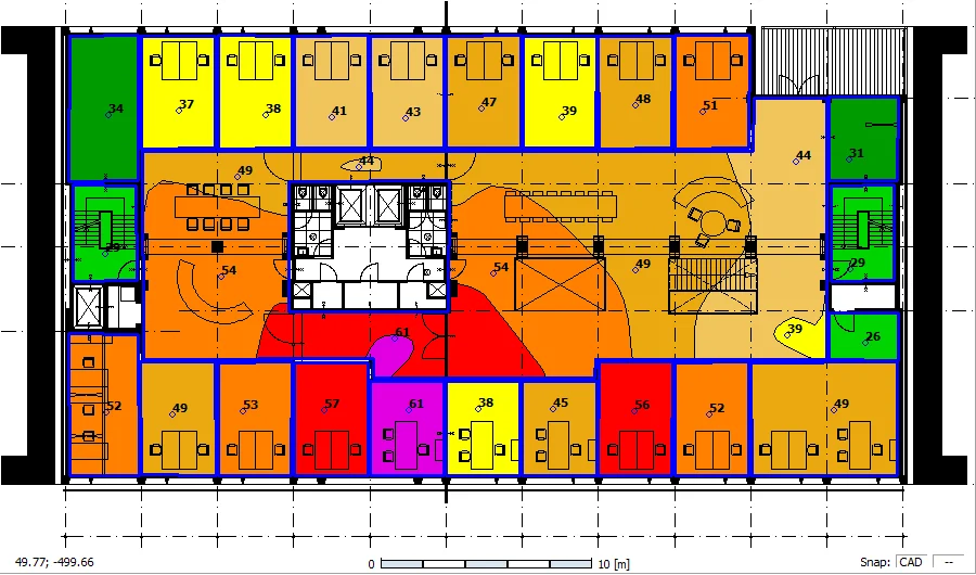 Mapa de ruido de una oficina generado automáticamente en NoiseAtWork a partir de las mediciones
