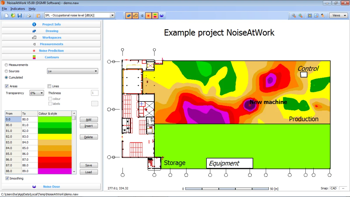 Mapa de ruido laboral de una nave industrial en NoiseAtWork, con curvas de nivel en dB(A) y una máquina nueva