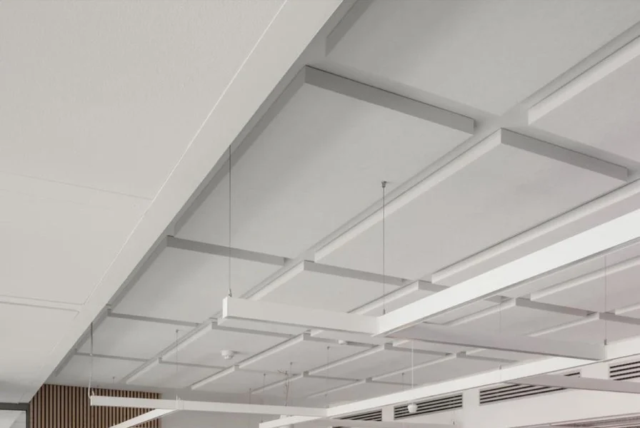 Paneles acústicos blancos lisos Bianco Piano en el techo de una sala de reuniones