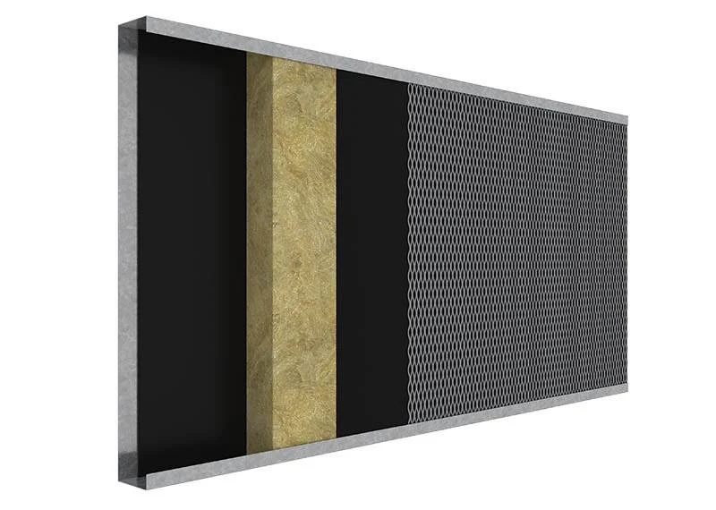 Capas del panel modular: chapa galvanizada, barrera, lana de roca, velo protector y cara perforada