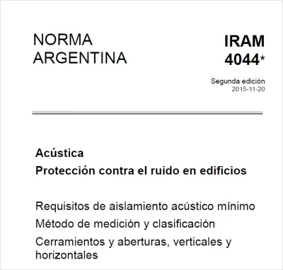 Portada de la norma IRAM 4044: protección contra el ruido en edificios, requisitos de aislamiento acústico mínimo