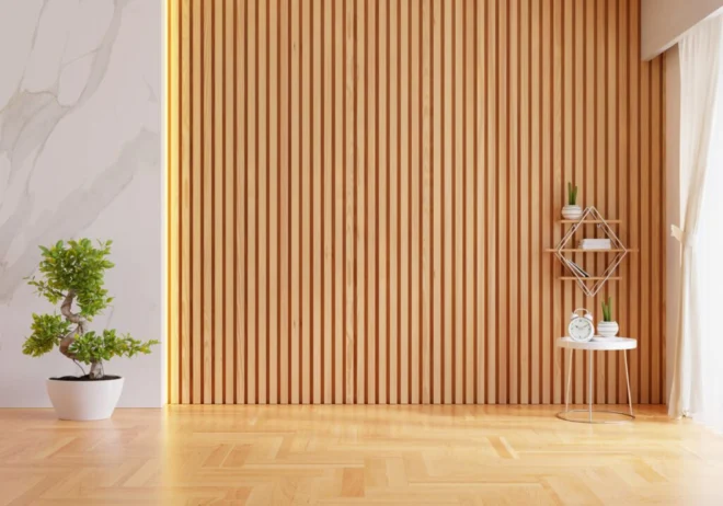 Wall panel acústico alistonado de madera revistiendo una pared