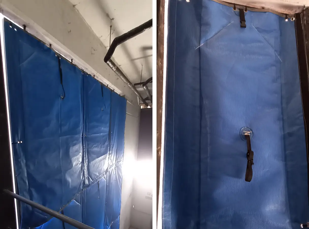 Fijación superior de las mantas acústicas y detalle de ojales, hebilla y costuras