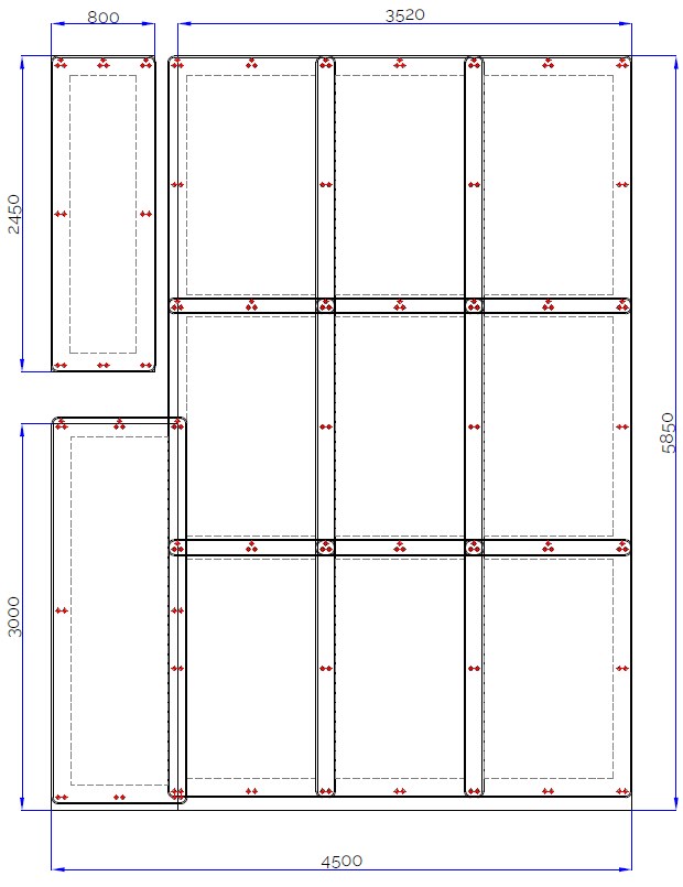 Layout de montaje: 11 mantas acústicas a medida para cubrir un paño de 4,50 × 5,85 m