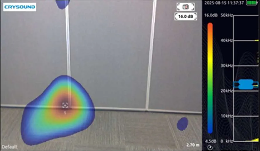 Imagen de cámara acústica sobre un panel móvil entre dos salas: la mancha de color marca por dónde se filtra el sonido