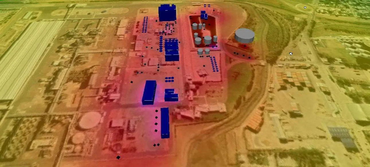 Modelo acústico 3D de una planta industrial: equipos nuevos como fuentes de ruido sobre la imagen satelital del predio