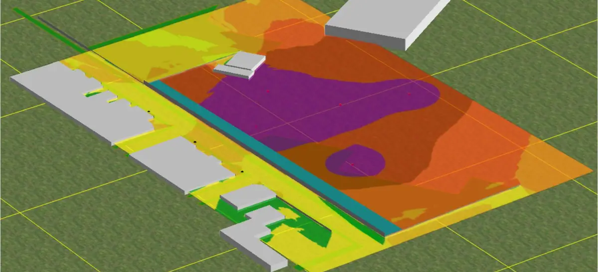 Vista 3D del modelo de predicción de ruido de una importante acería, con la barrera acústica frente a las viviendas