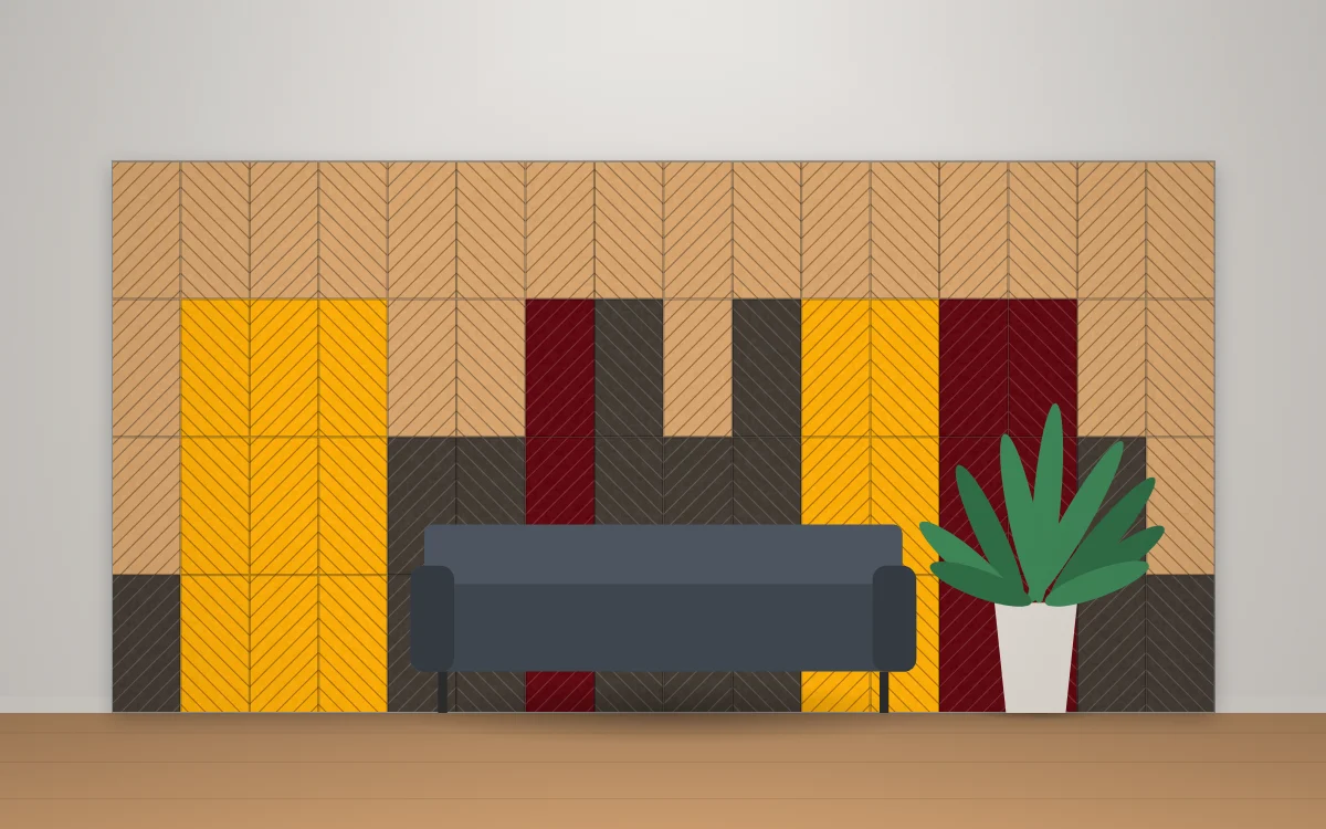 Panel acústico calado SONOFELT Espiga en colores cálidos, con bloques que forman el perfil de una ciudad detrás de un sillón