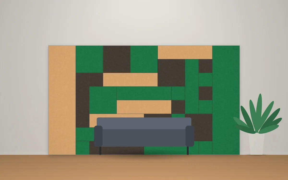 Mural acústico de fieltro PET en mosaico de colores verde, beige y topo detrás de un sillón