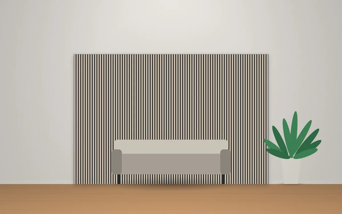 Wood Wall Panel: revestimiento acústico de listones enchapados en madera sobre fieltro, detrás de un sillón