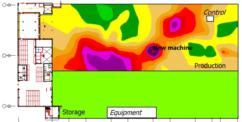 Mapa de ruido laboral de una nave industrial, con curvas de nivel sonoro en dB(A) sobre el plano de la planta