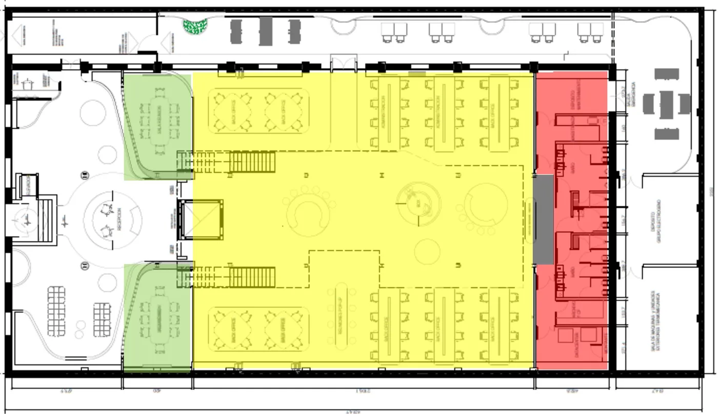 Plano de la planta baja de unas oficinas con la zonificación acústica: zonas ruidosas en rojo, mixtas en amarillo y tranquilas en verde